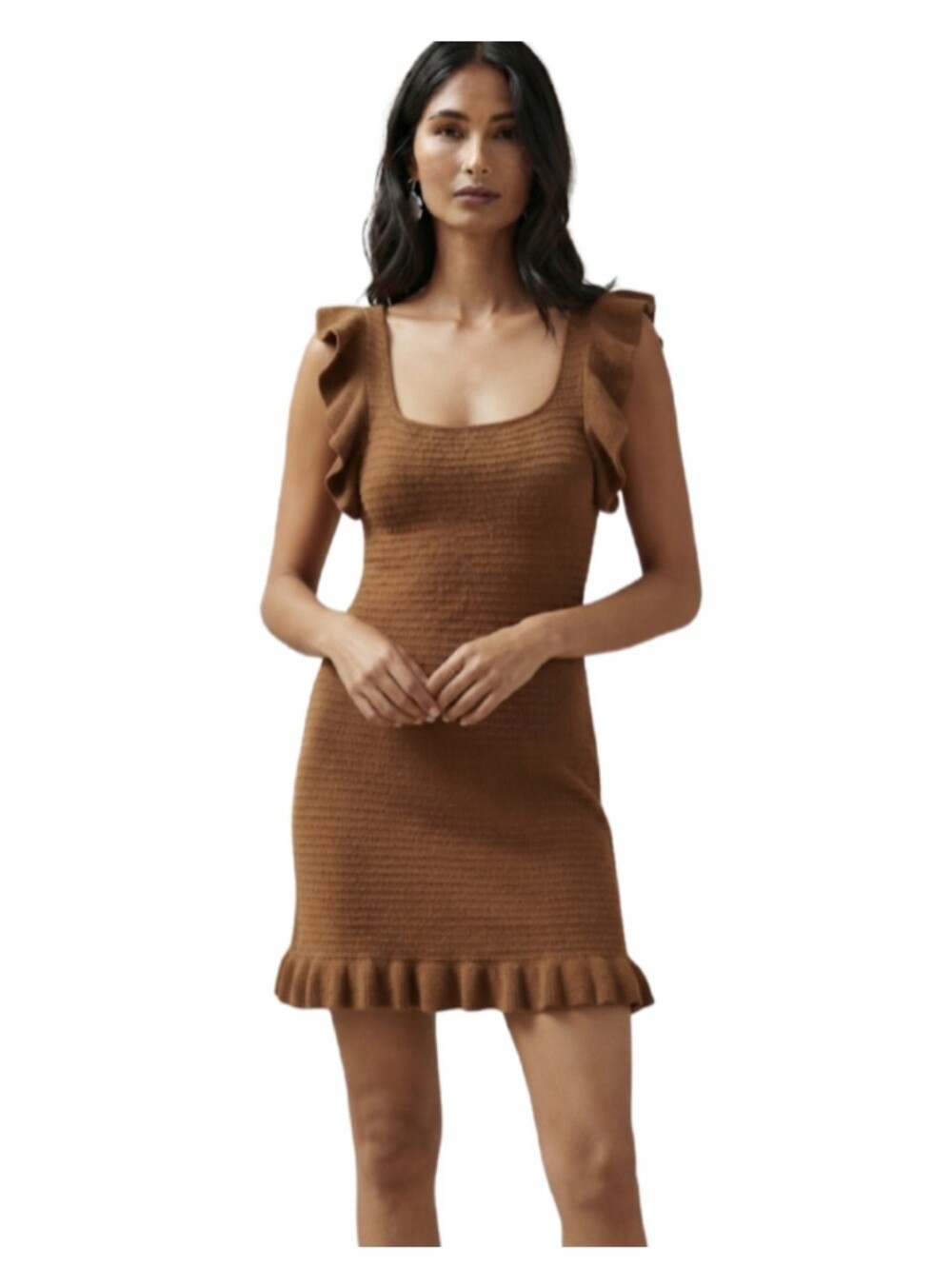 NEW House of Harlow 1960 Sweater Dress Flutter Sleeve Size XL Brown Knit Ruffle